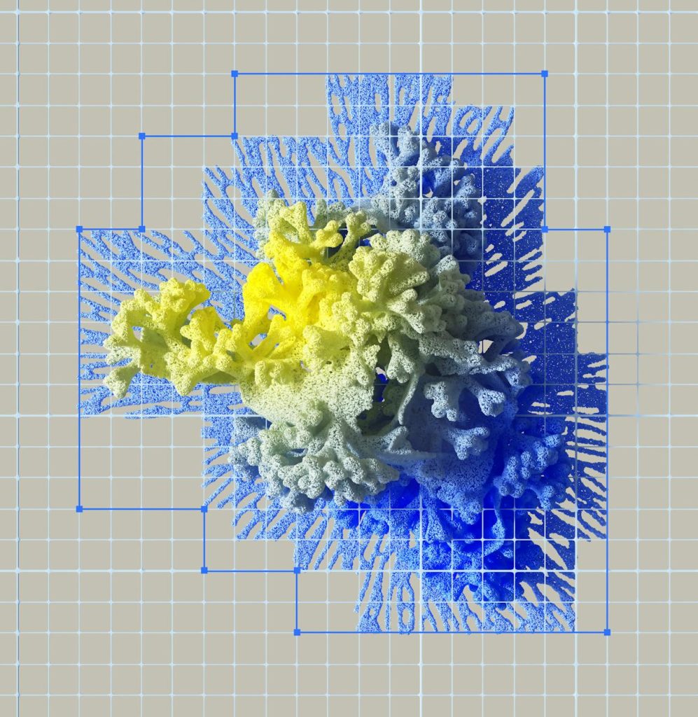 Colorful abstract 3D rendering of neural networks with vibrant blue and yellow gradients.